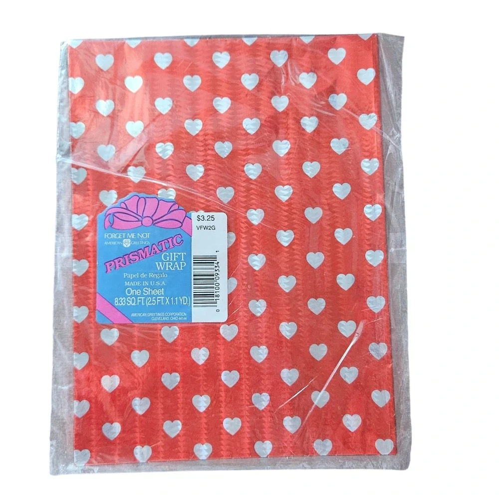 Vintage American Greetings Prismatic Gift Wrap Red Silver Holographic Hearts NEW